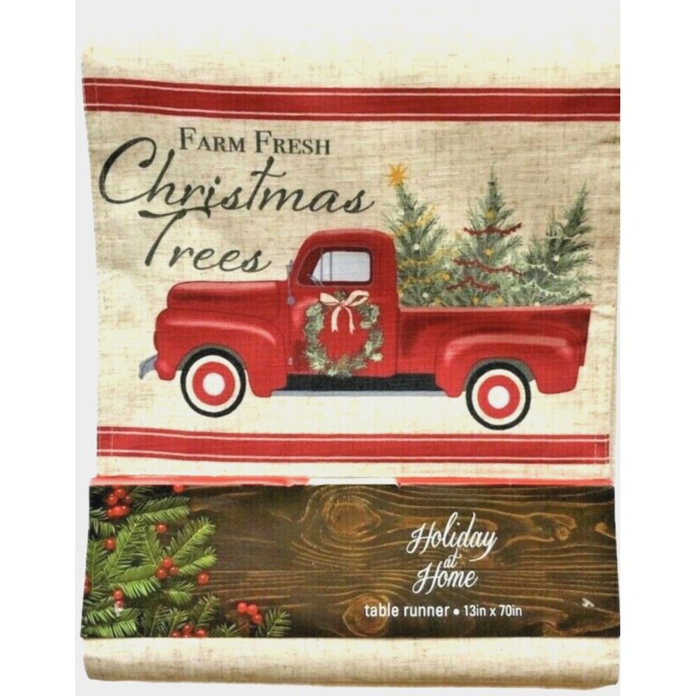 Christmas Trees Red Farm Truck Table Runner Wreath Cabin Lodge Farm Fresh 70x13"